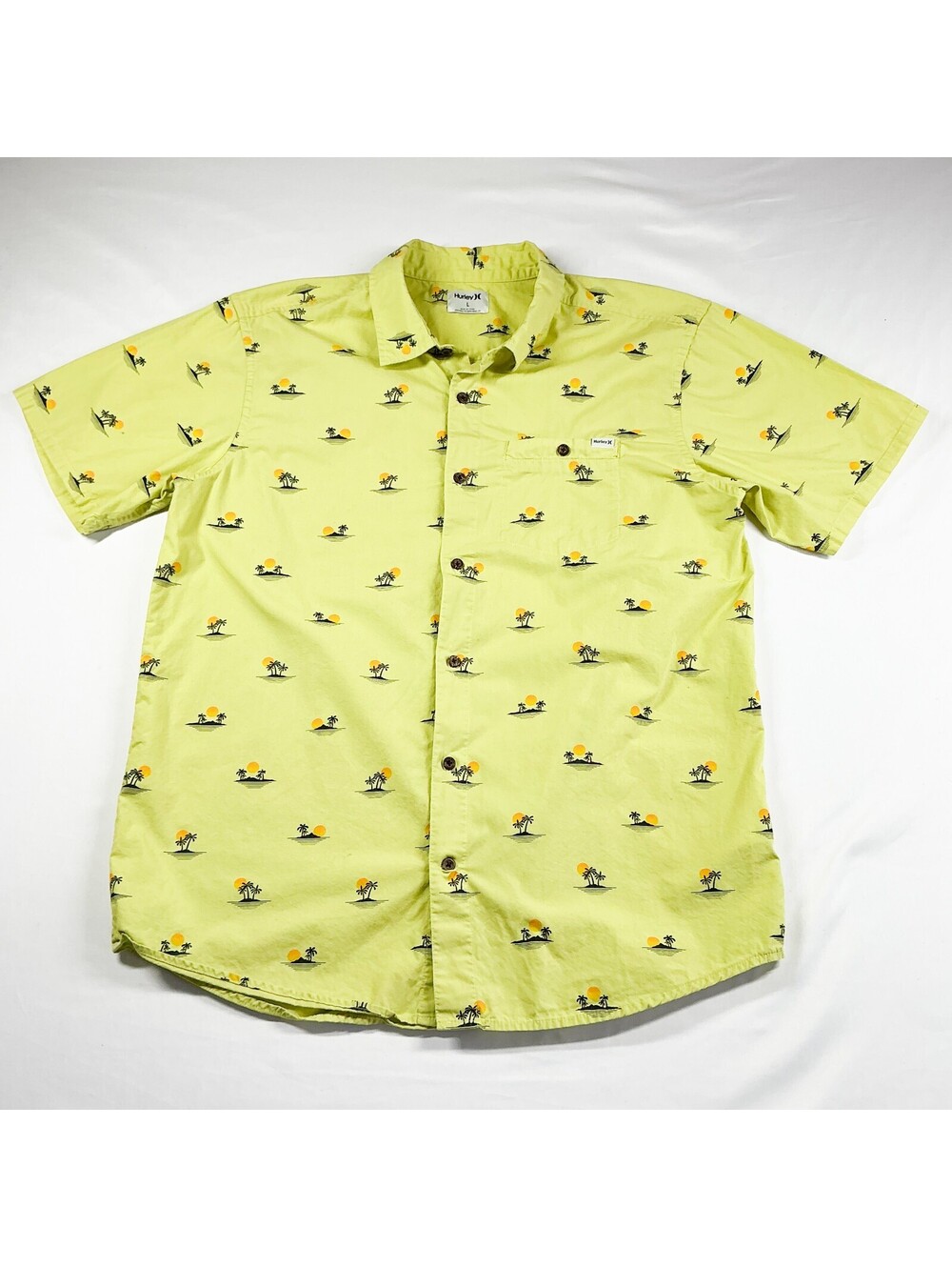 Hurley Yellow Green Tropical Palm Tree Print Button-Up Shirt Casual Summer L